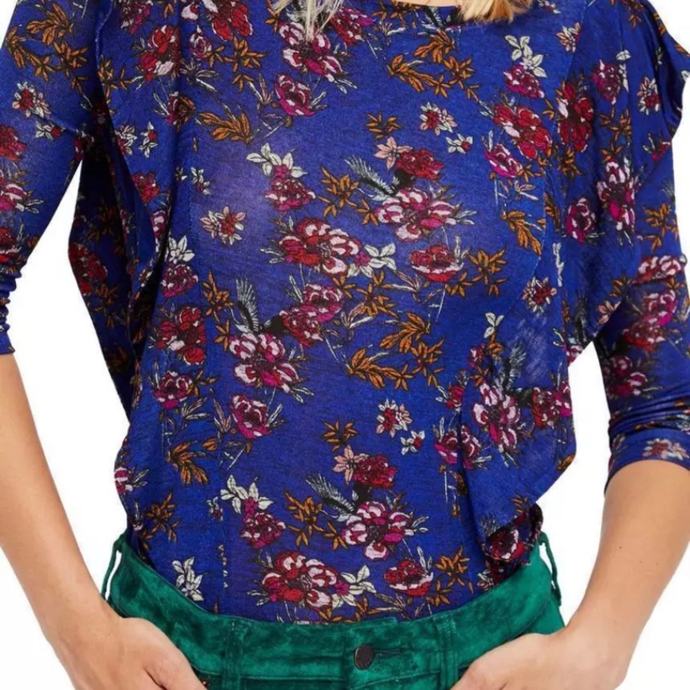 Free People Dock Street Knit Floral Print Top Blue X-Small NWT - Picture 2 of 6